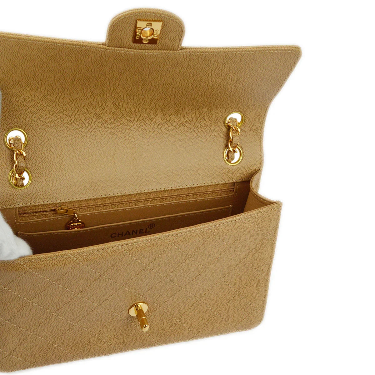 Chanel 1997-1999 Beige Caviar Classic Single Flap Shoulder Bag