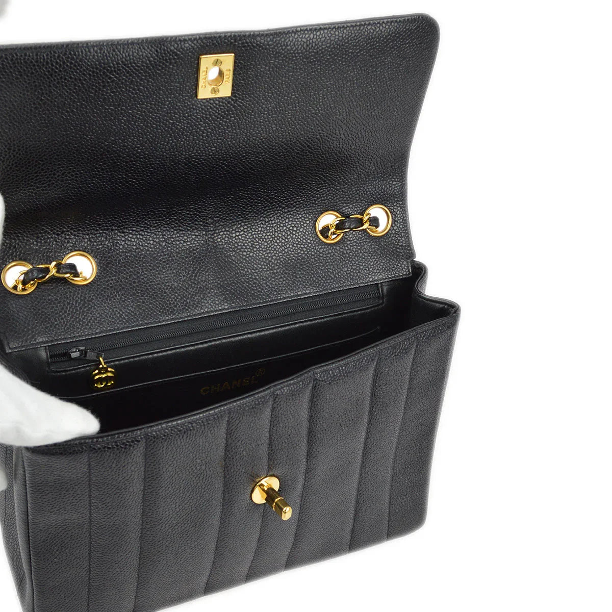 Chanel 1994-1996 Black Caviar Mademoiselle Straight Flap Shoulder Bag