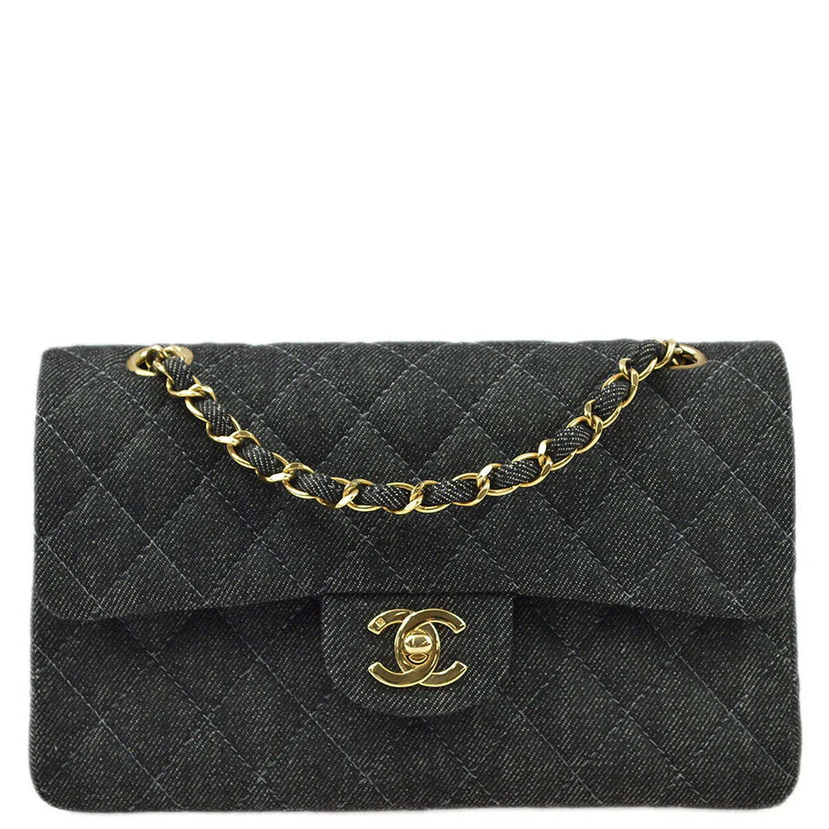Chanel * 1997-1999 Black Denim Small Classic Double Flap Shoulder Bag