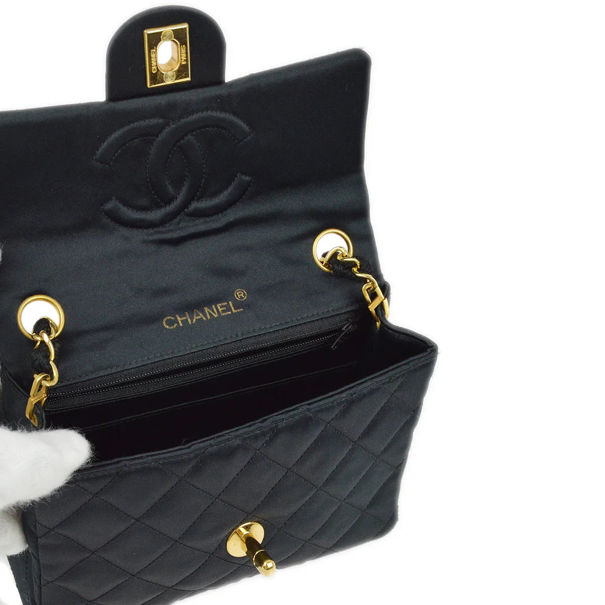 Chanel 1986-1988 Black Satin Mini Classic Square Flap Shoulder Bag 17