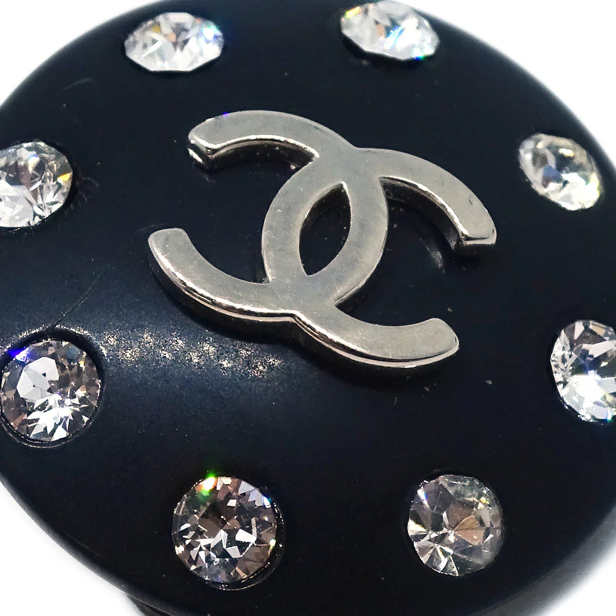 Chanel Button Earrings Clip-On Rhinestone Black 96P