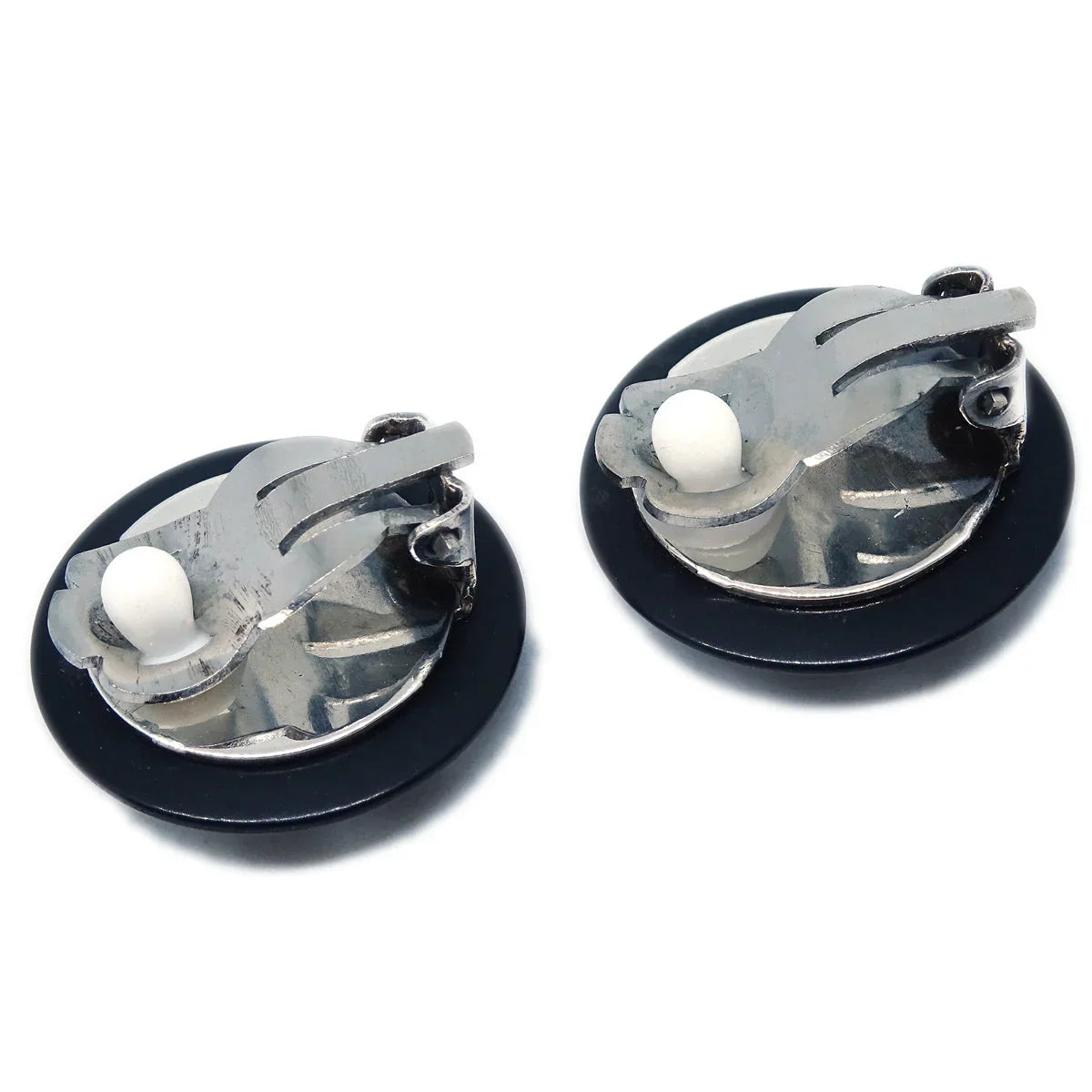 Chanel Button Earrings Clip-On Rhinestone Black 96P
