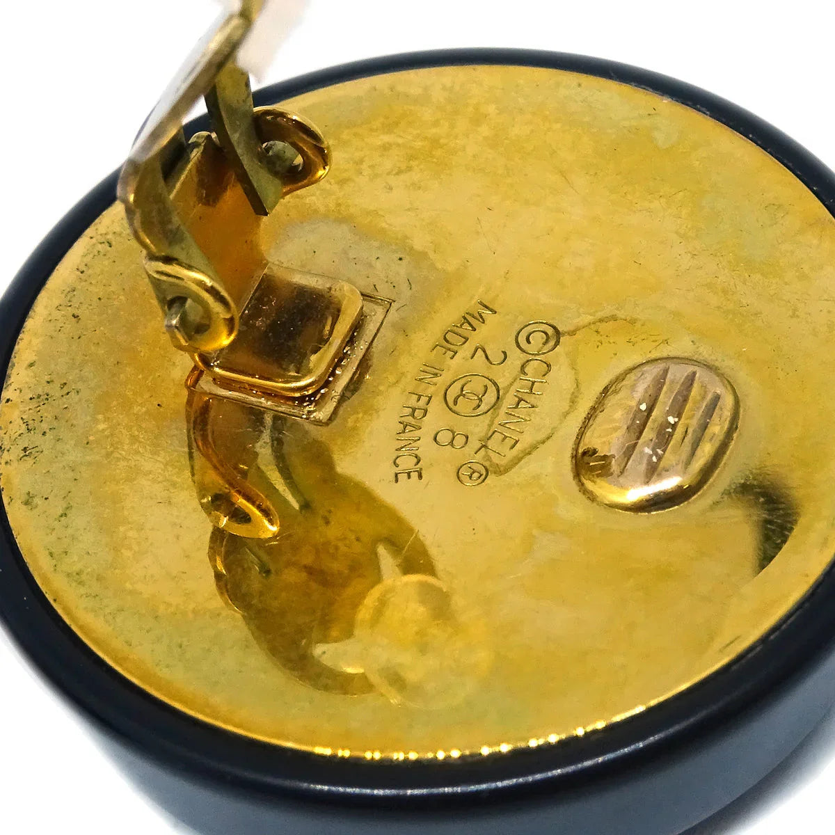 Chanel Button Earrings Clip-On Black Gold 28