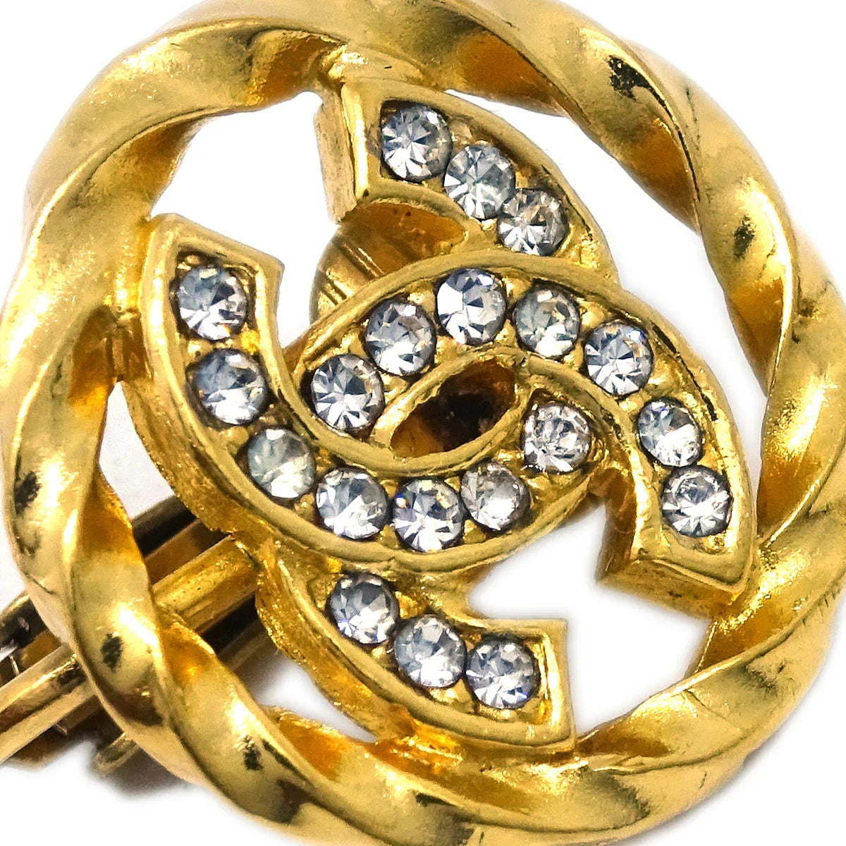 Chanel Gold Button Earrings Clip-On Rhinestone 2137