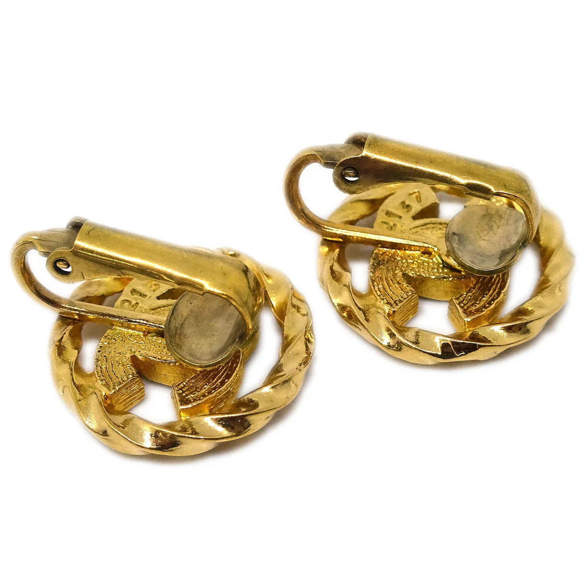 Chanel Gold Button Earrings Clip-On Rhinestone 2137
