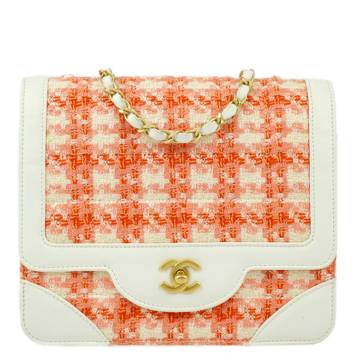 Chanel 2000-2001 White Orange Tweed Lambskin Chain Shoulder Bag