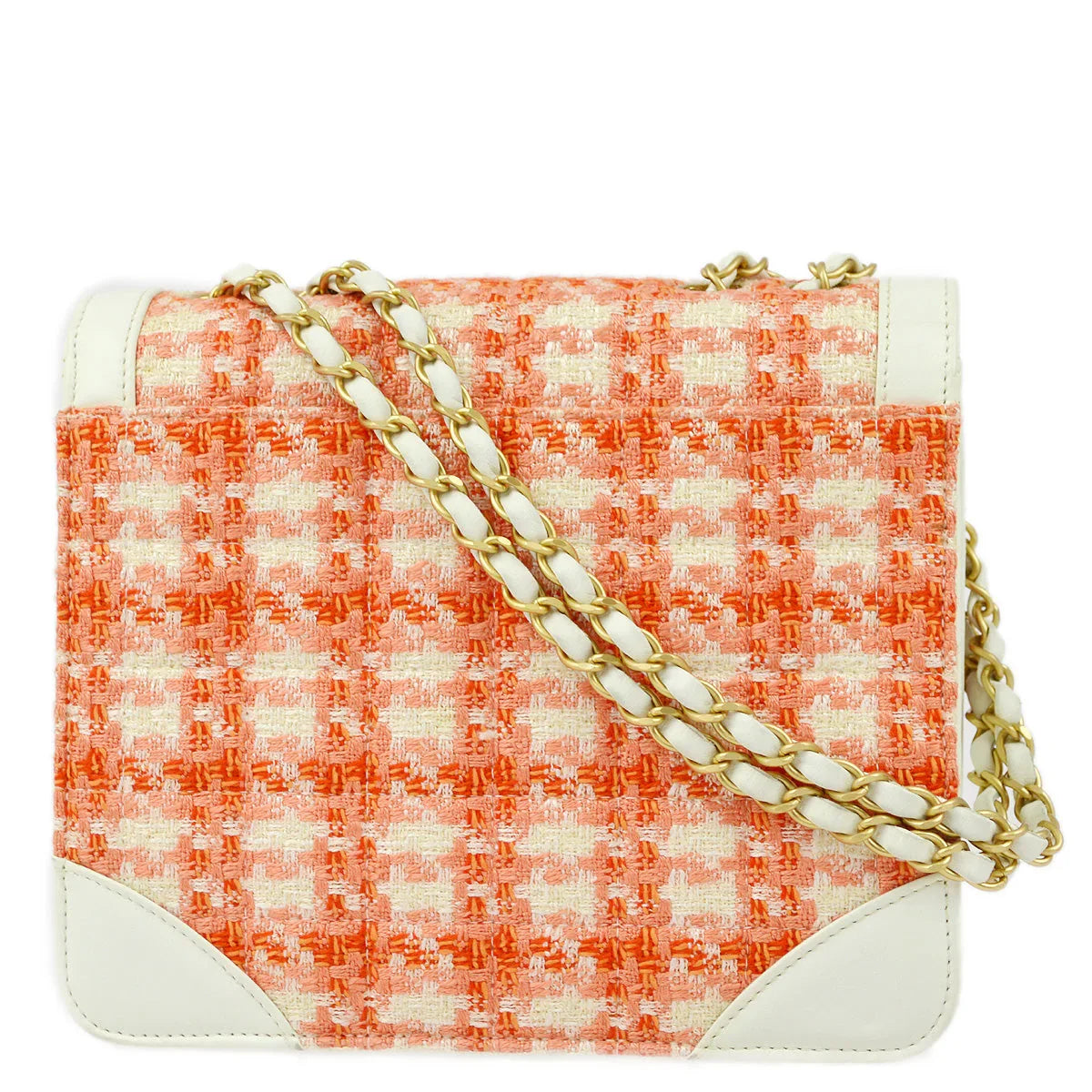 Chanel 2000-2001 White Orange Tweed Lambskin Chain Shoulder Bag
