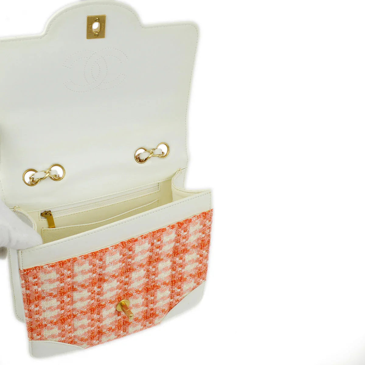 Chanel 2000-2001 White Orange Tweed Lambskin Chain Shoulder Bag