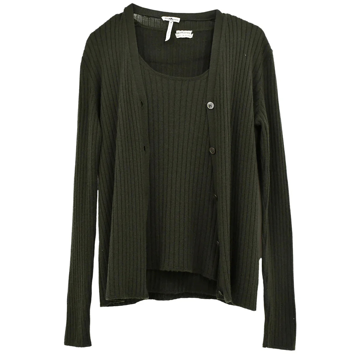 Hermes Set Cardigan Sleeveless Top Khaki #ME