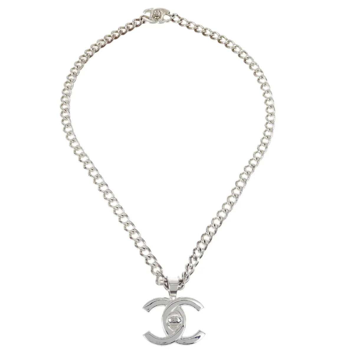 Chanel Turnlock Chain Pendant Necklace Silver 97P