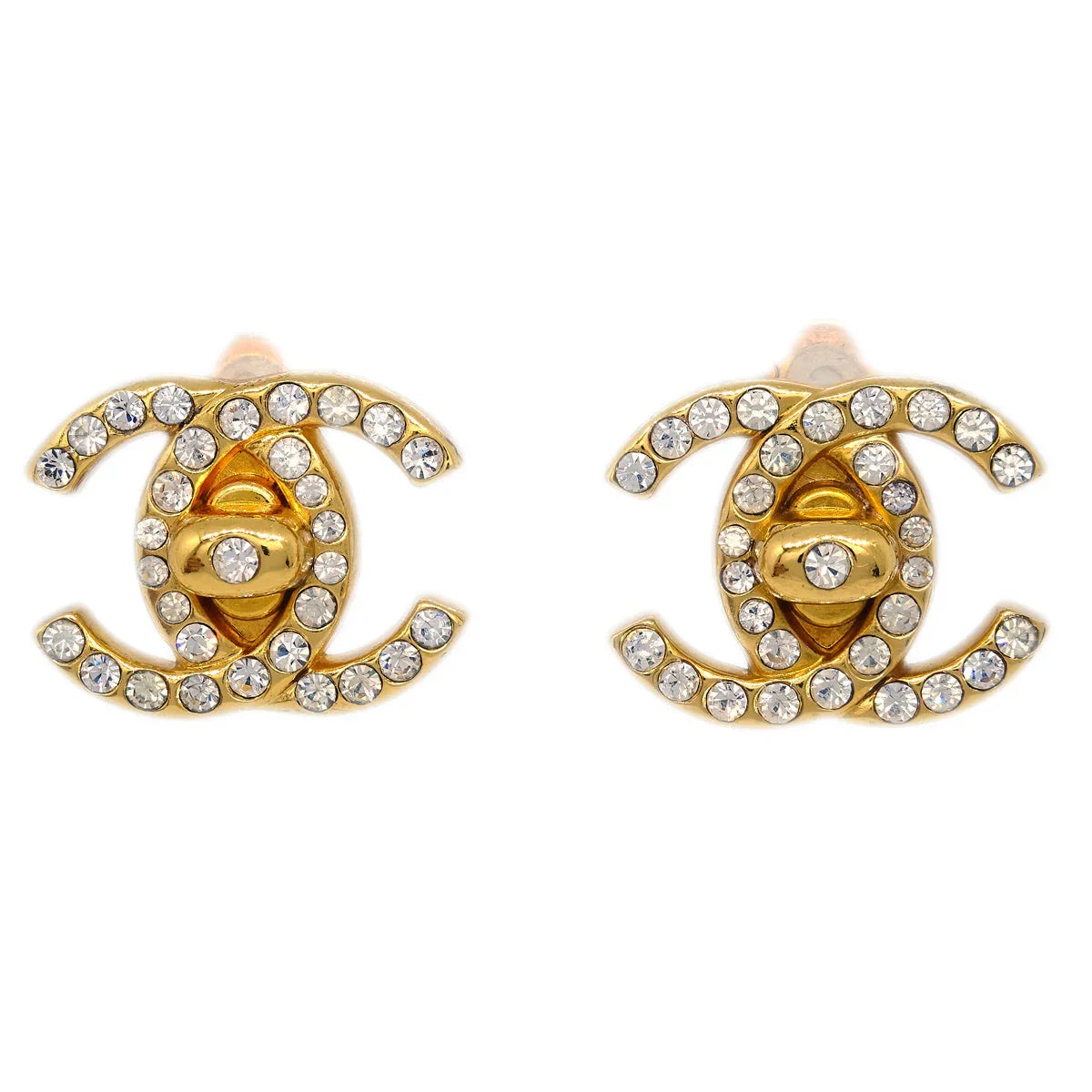 Chanel Gold CC Turnlock Earrings Rhinestone Clip-On 96A