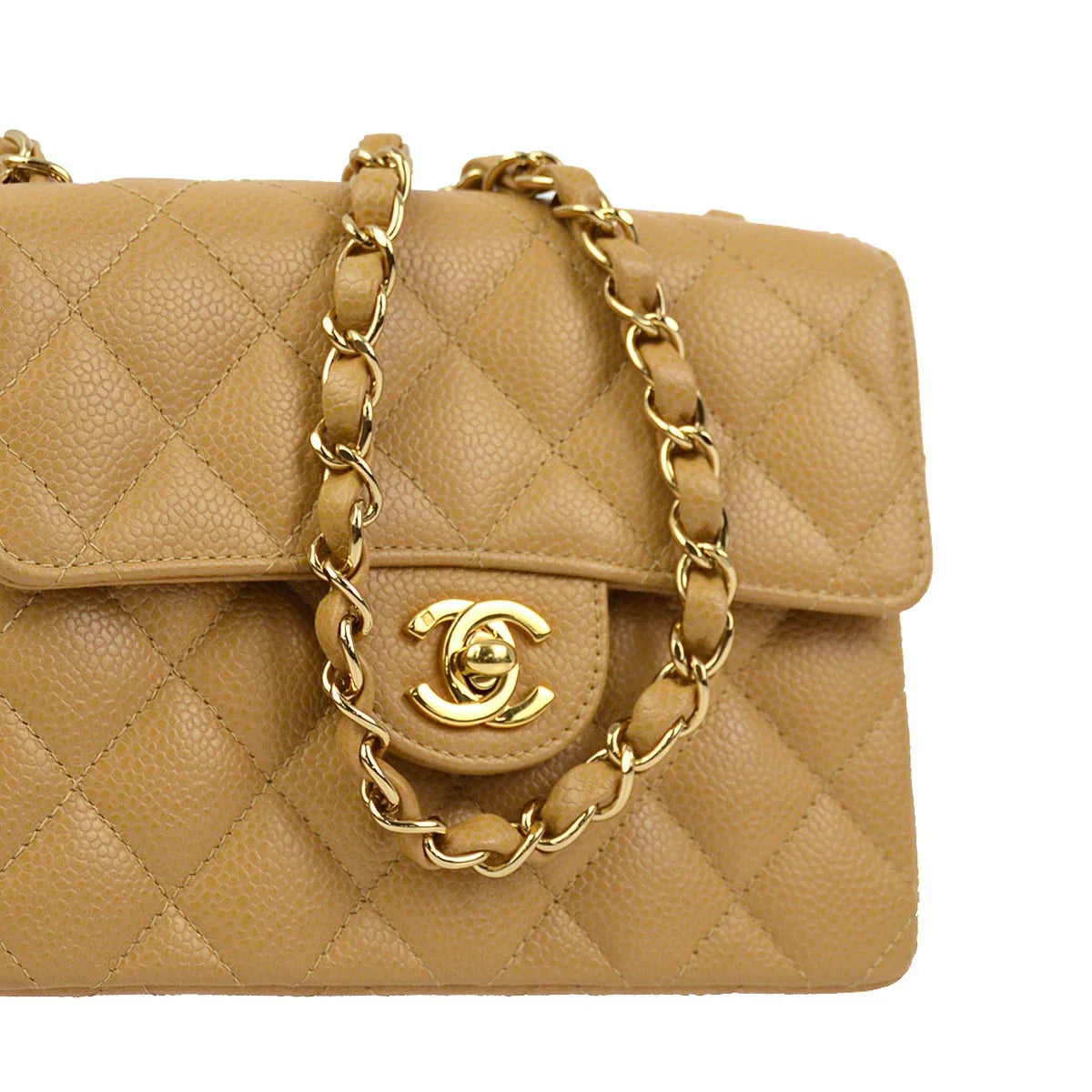 Chanel 2003-2004 Beige Caviar Mini Classic Square Flap Shoulder Bag 17