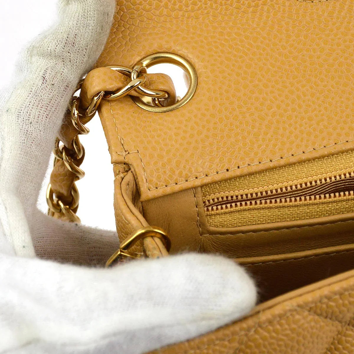 Chanel 2003-2004 Beige Caviar Mini Classic Square Flap Shoulder Bag 17