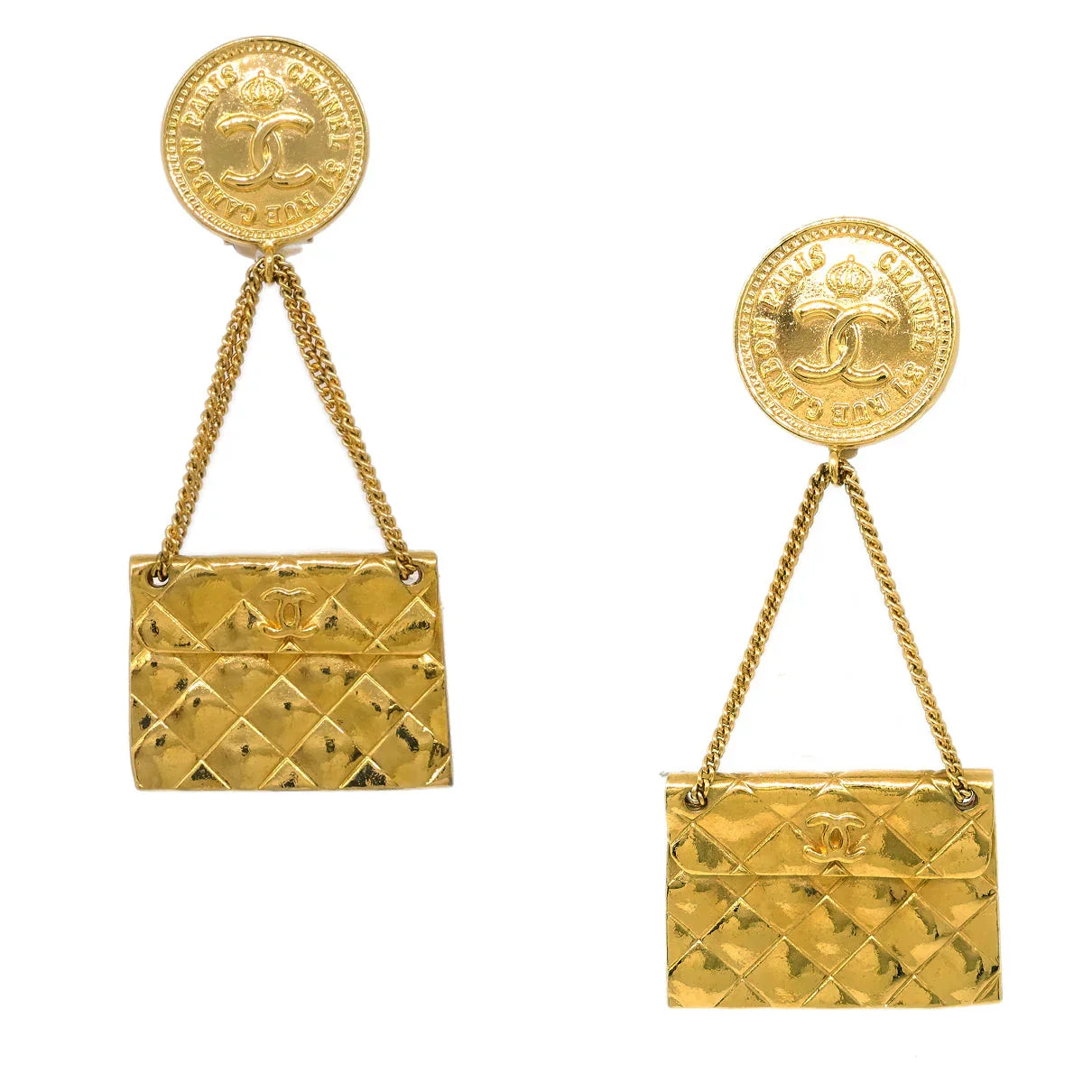 Chanel Gold Bag Dangle Earrings Clip-On 28