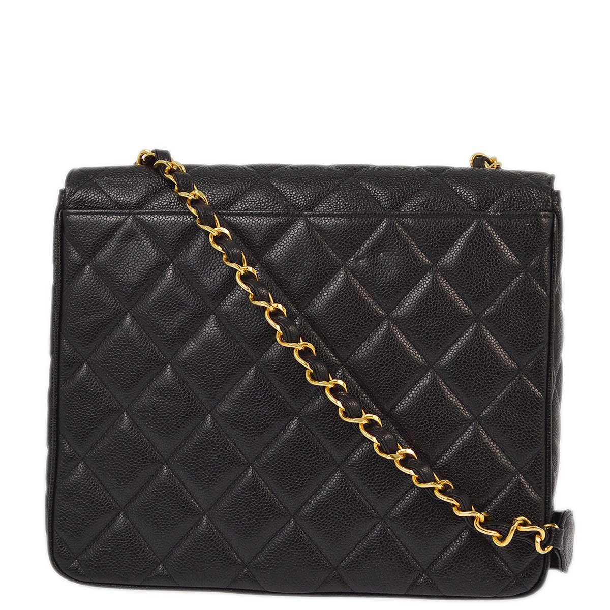 Chanel 1994-1996 Black Caviar Straight Flap Chain Shoulder Bag