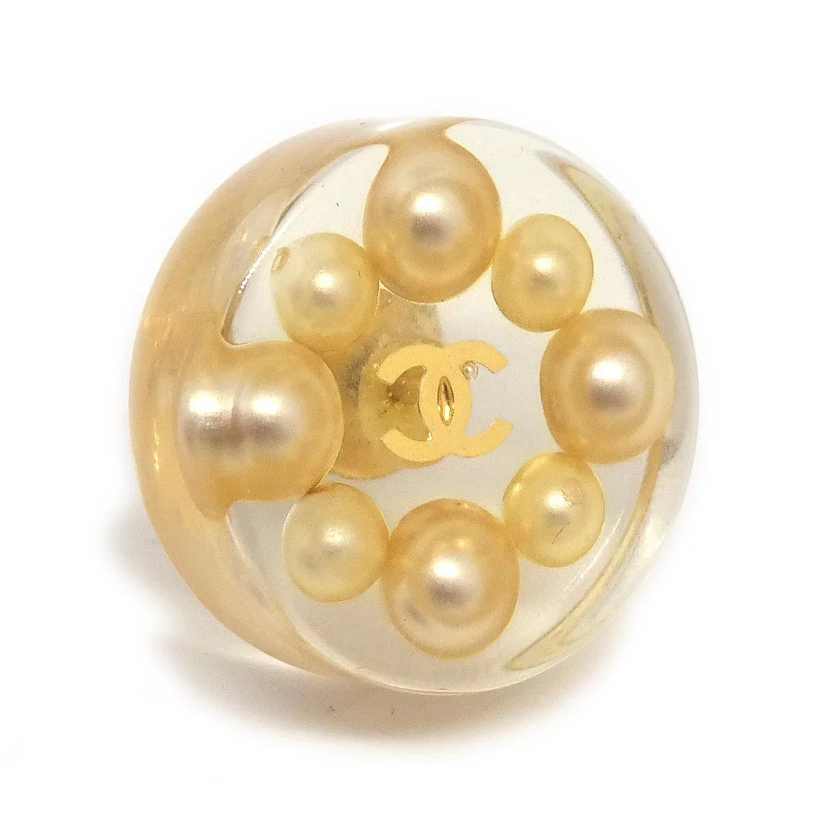 Chanel Button Piercing Earrings Artificial Pearl Clear