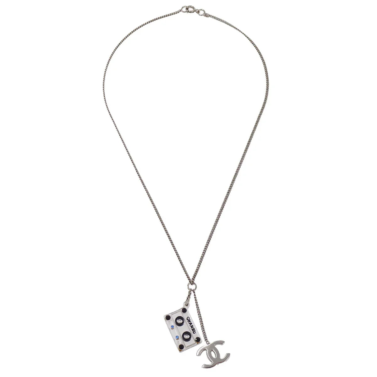 Chanel CC Cassette Tape Chain Pendant Necklace Rhinestone Silver 04P