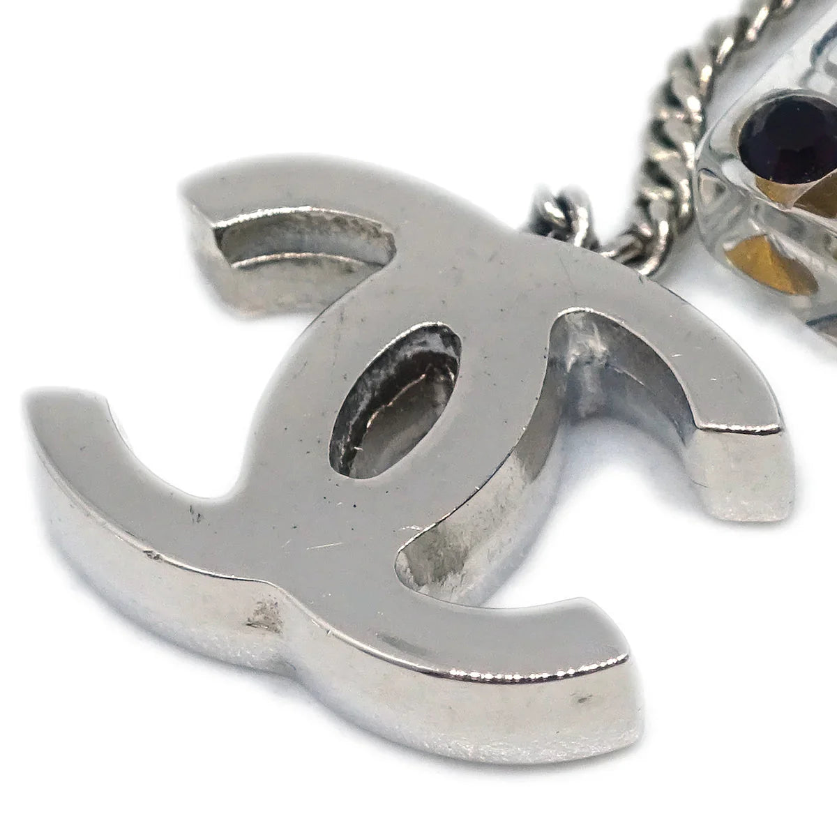 Chanel CC Cassette Tape Chain Pendant Necklace Rhinestone Silver 04P