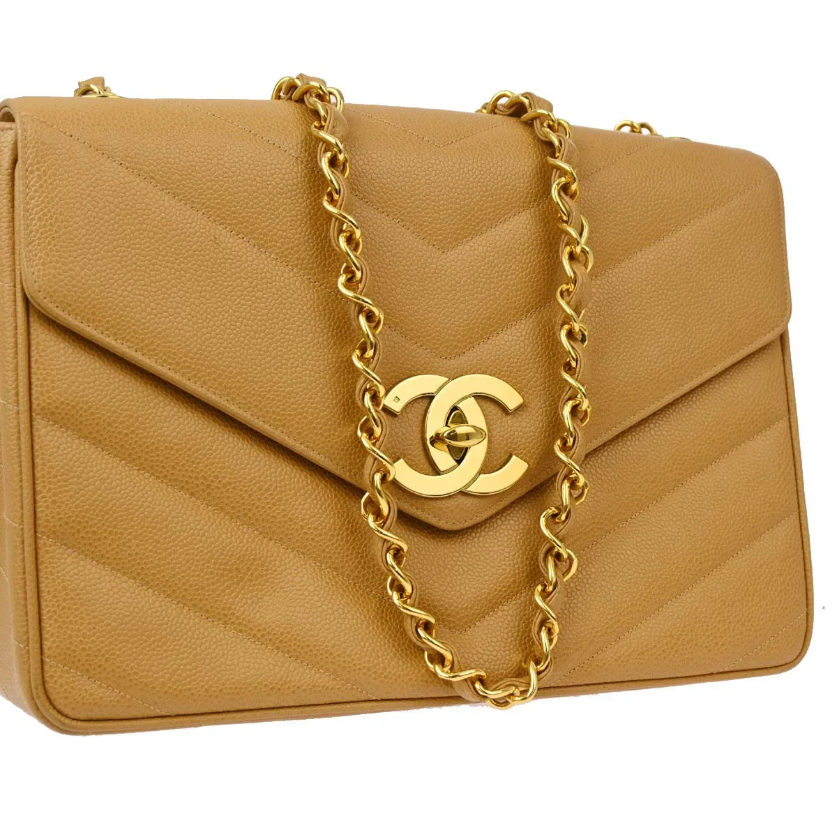 Chanel 1994-1996 Beige Caviar Chevron Chain Shoulder Bag