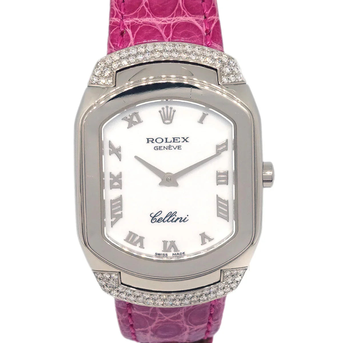 Rolex* Cellini Ref.6692 Quartz Watch 18KWG Diamond Pink Crocodile