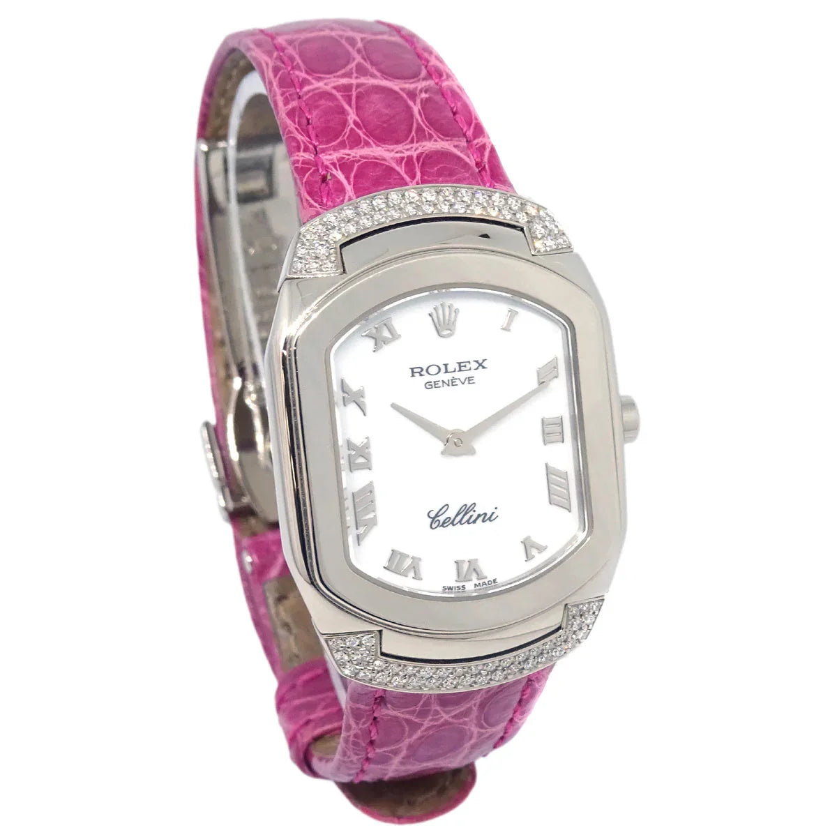 Rolex* Cellini Ref.6692 Quartz Watch 18KWG Diamond Pink Crocodile