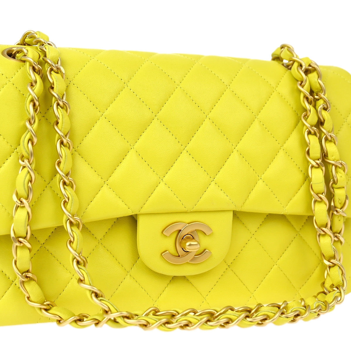 Chanel * 2000-2002 Yellow Lambskin Medium Classic Double Flap Shoulder Bag
