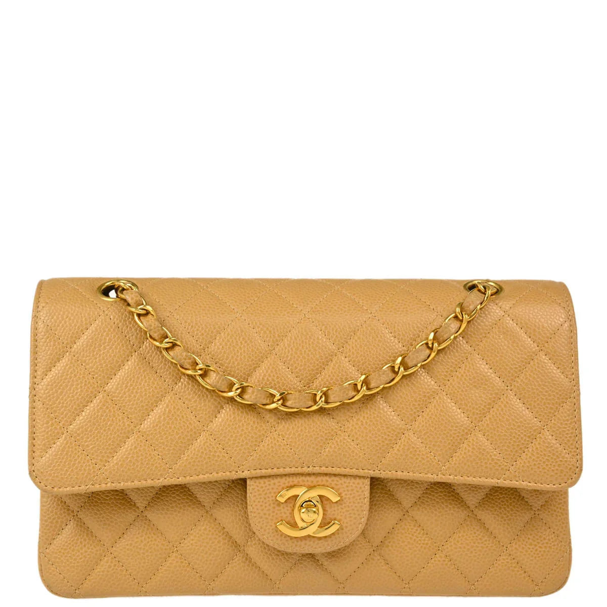Chanel 2000-2001 Beige Caviar Medium Classic Double Flap Shoulder Bag