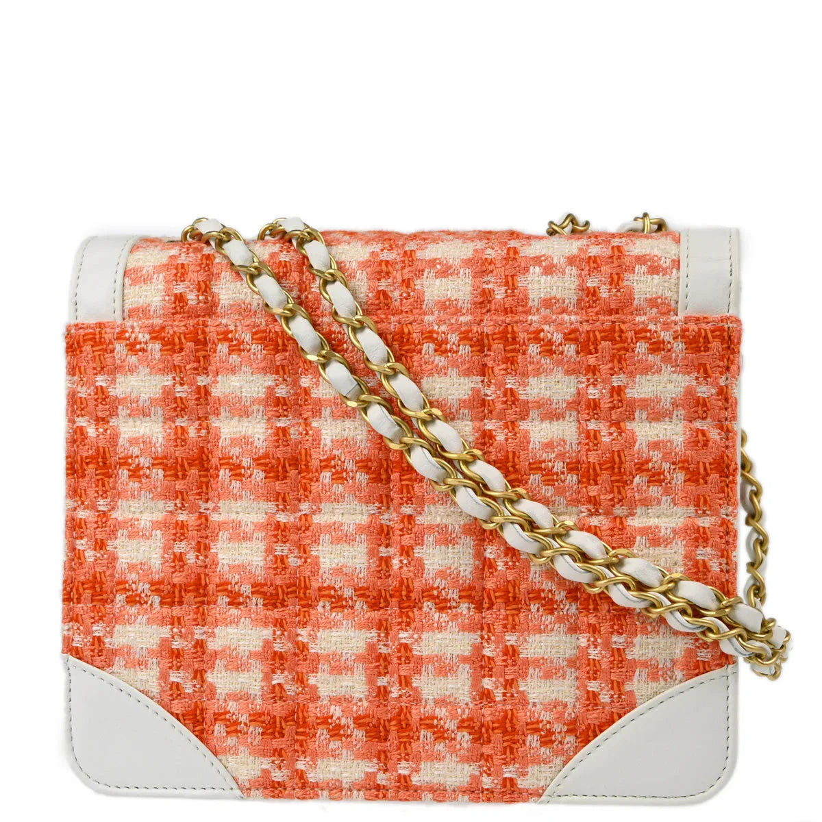 Chanel 2000-2002 White Orange Tweed Single Flap Shoulder Bag