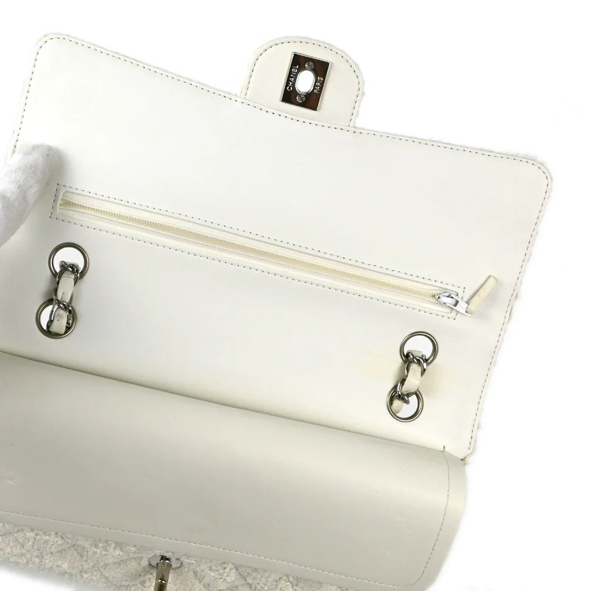 Chanel 2004-2005 White Tweed Medium Classic Double Flap Shoulder Bag