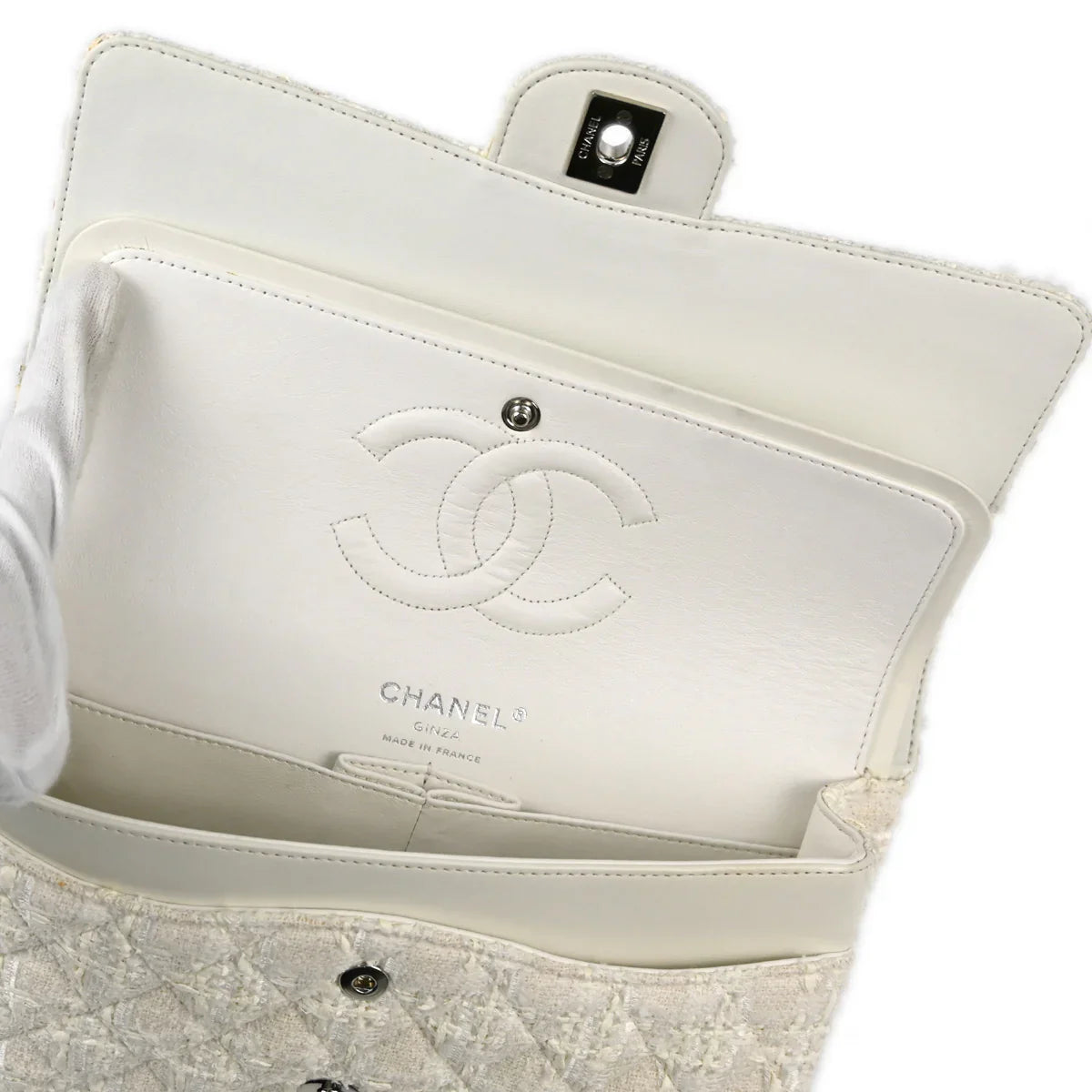 Chanel 2004-2005 White Tweed Medium Classic Double Flap Shoulder Bag