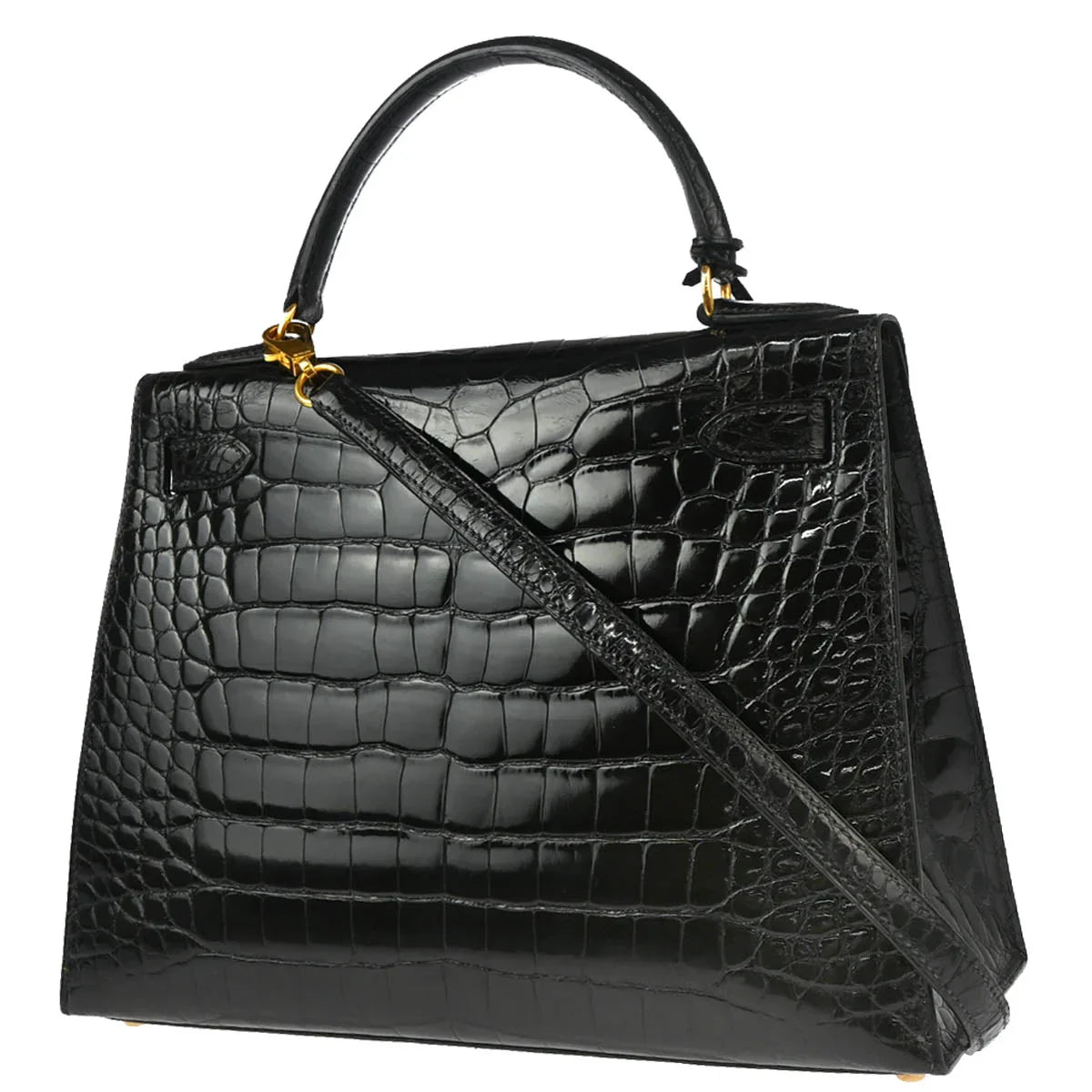 Hermes * 1993 Black Alligator Kelly 28 Sellier 2way Shoulder Handbag