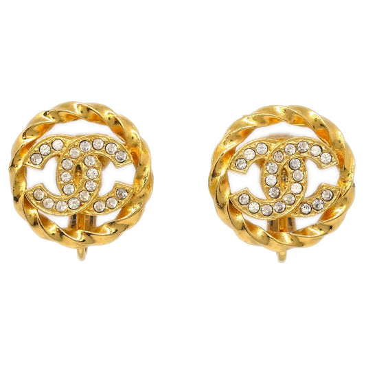 Chanel Gold Button Earrings Clip-On Rhinestone 2137