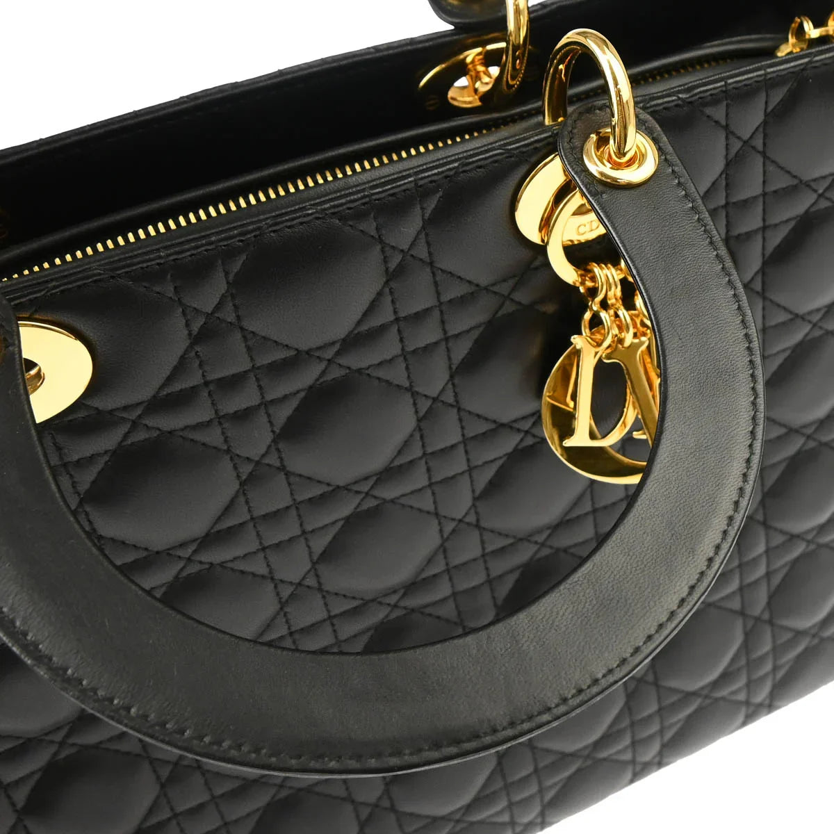 Christian Dior 2000 Black Lambskin Large Lady Dior Cannage 2way Shoulder Handbag