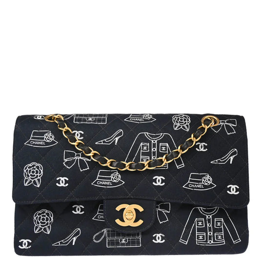 Chanel 2001-2003 Navy Canvas Icon Medium Classic Double Flap Shoulder Bag