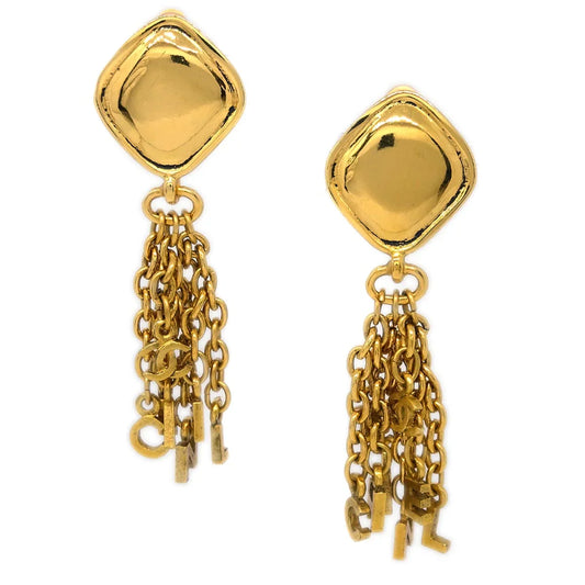 Chanel Dangle Fringe Rhombus Earrings Clip-On Gold 2371