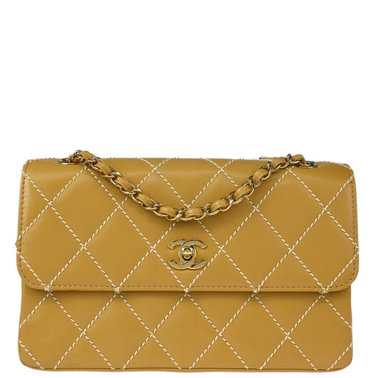Chanel 2002-2003 Beige Calfskin Wild Stitch Straight Flap Shoulder Bag