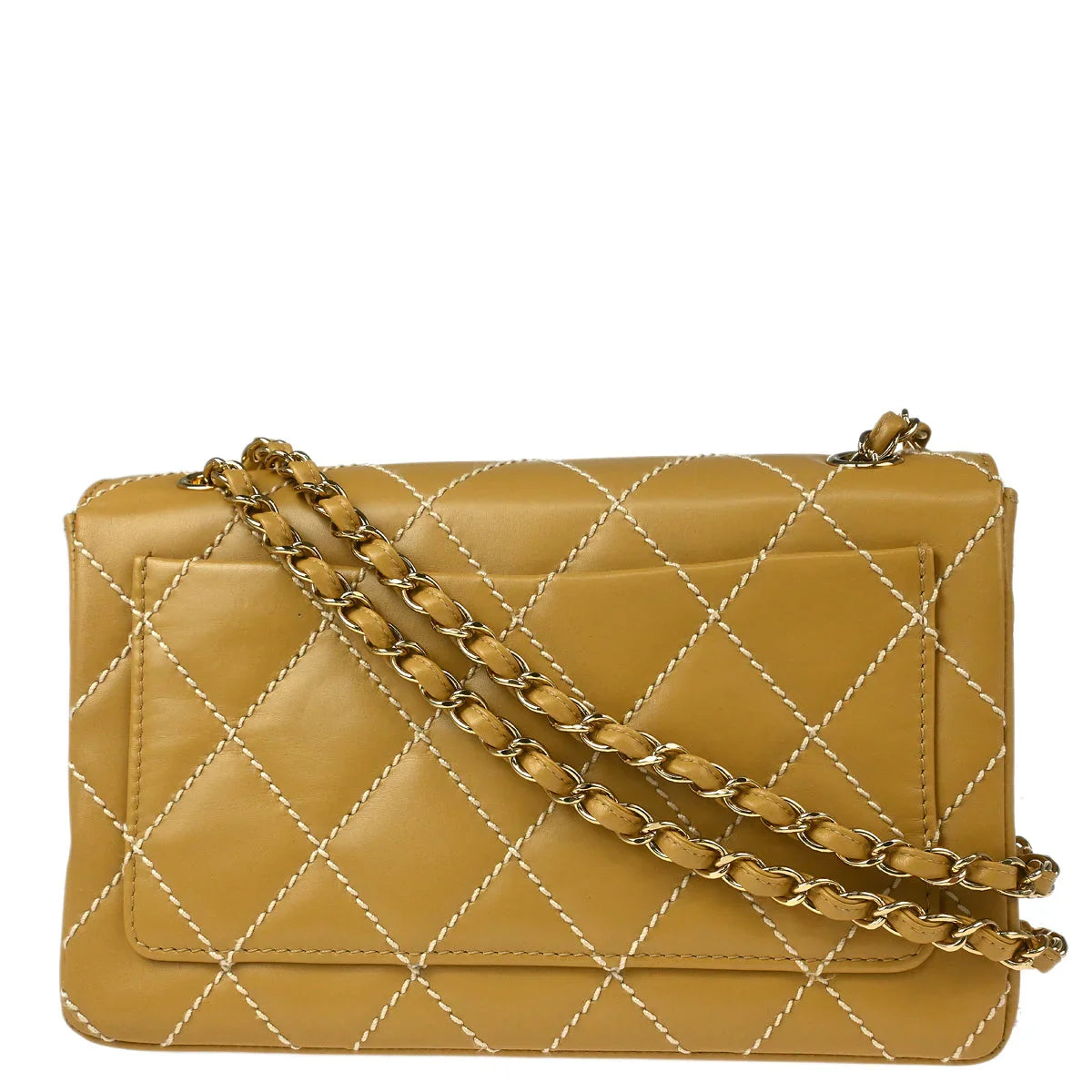 Chanel 2002-2003 Beige Calfskin Wild Stitch Straight Flap Shoulder Bag