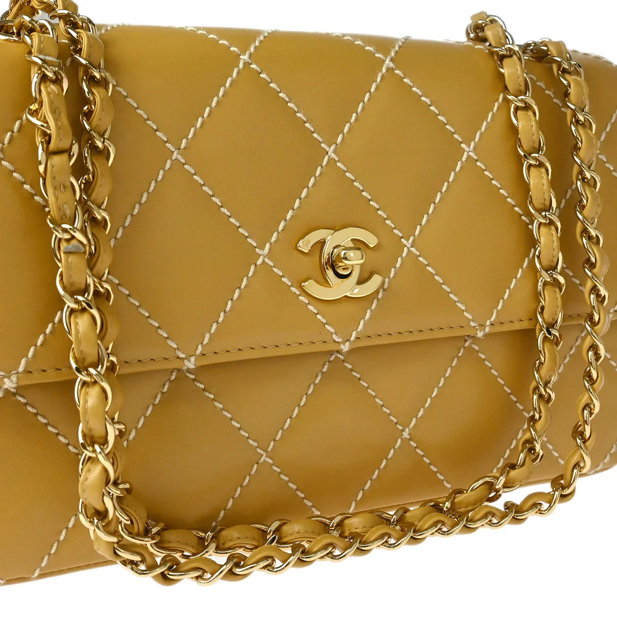 Chanel 2002-2003 Beige Calfskin Wild Stitch Straight Flap Shoulder Bag