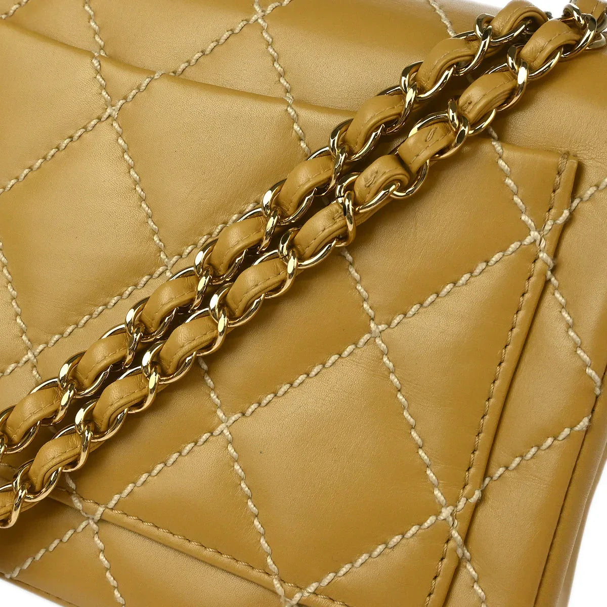 Chanel 2002-2003 Beige Calfskin Wild Stitch Straight Flap Shoulder Bag
