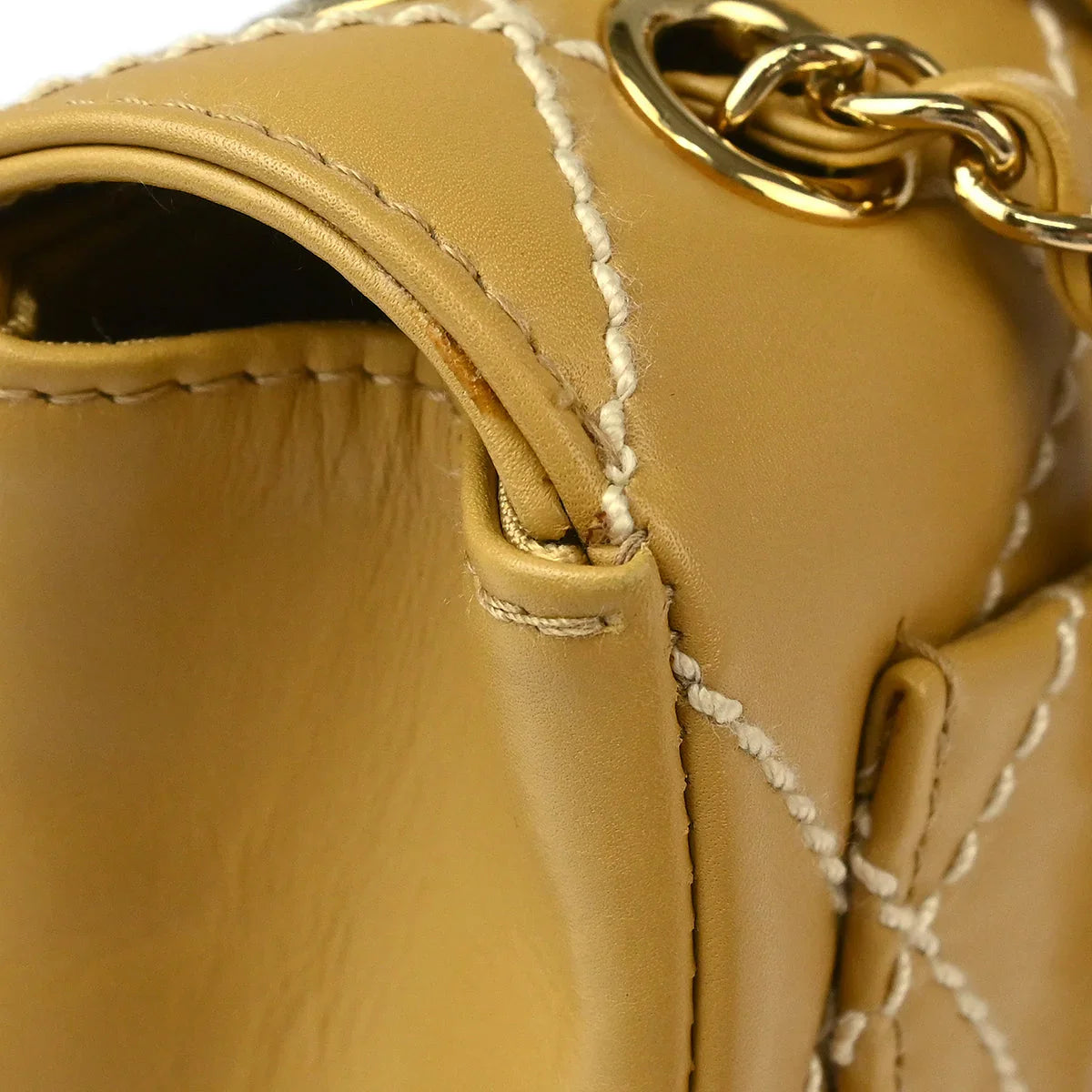 Chanel 2002-2003 Beige Calfskin Wild Stitch Straight Flap Shoulder Bag