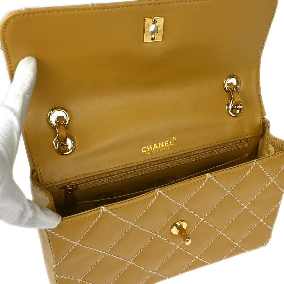 Chanel 2002-2003 Beige Calfskin Wild Stitch Straight Flap Shoulder Bag