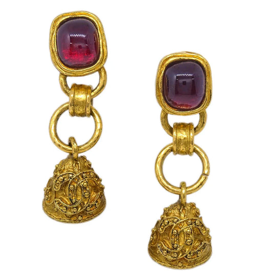Chanel Gripoix Bell Dangle Earrings Clip-On Gold 94A