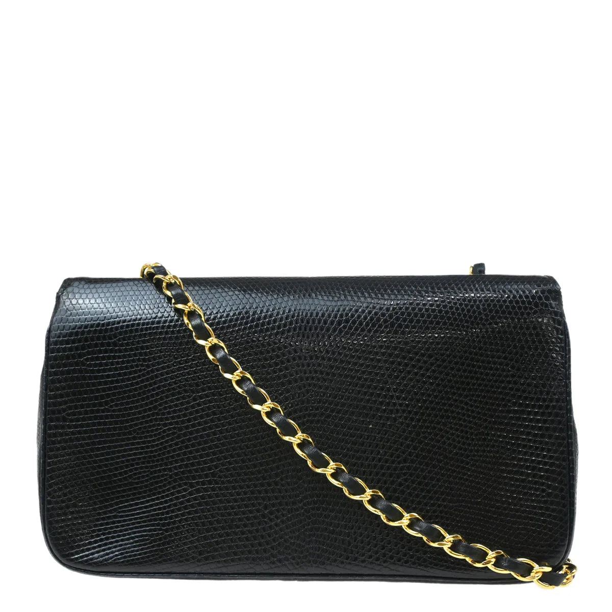 Chanel * Black Lizard Turnlock Small Full Flap Shoulder Bag