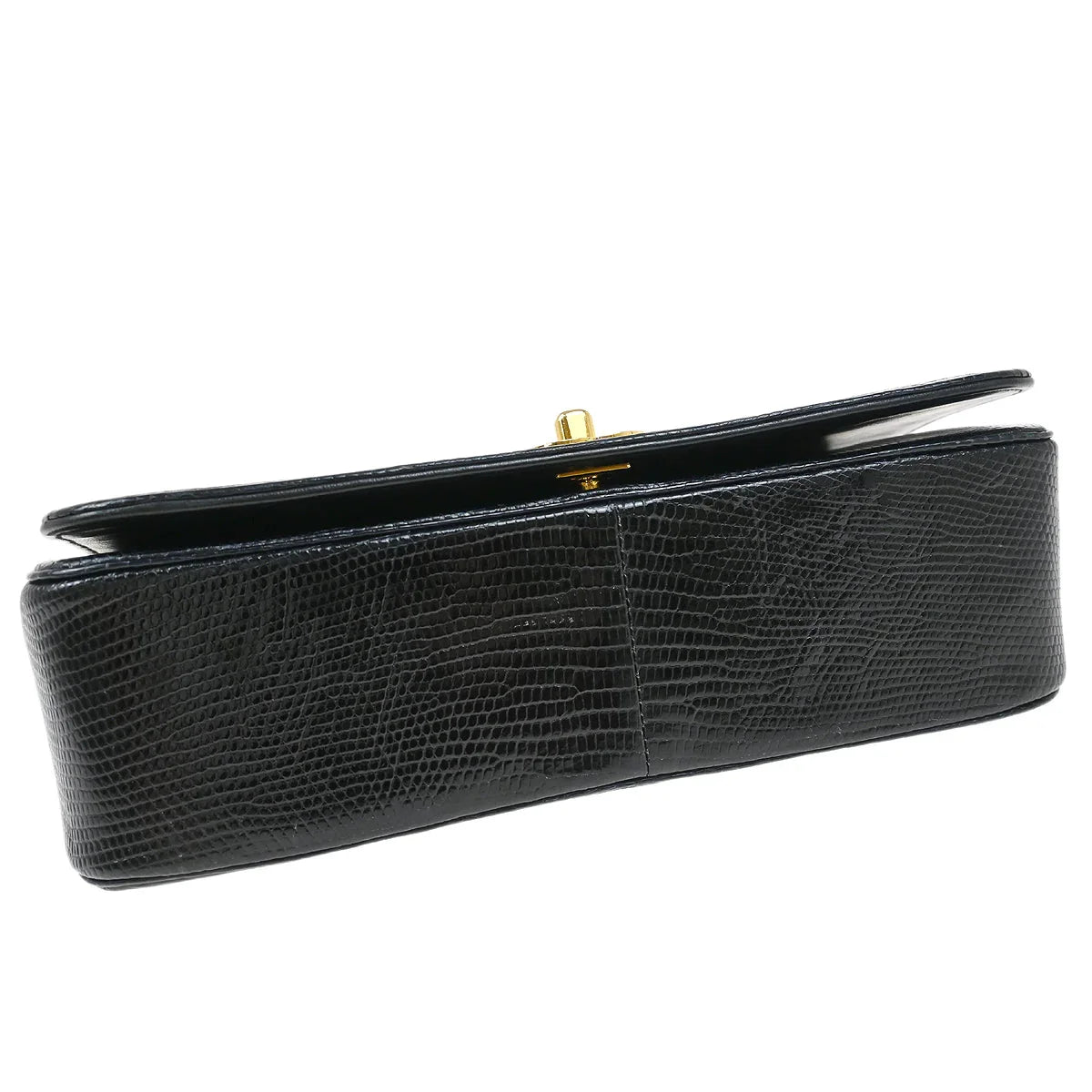Chanel * Black Lizard Turnlock Small Full Flap Shoulder Bag