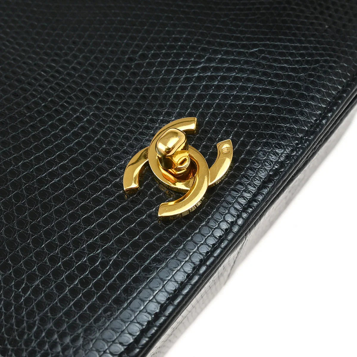 Chanel * Black Lizard Turnlock Small Full Flap Shoulder Bag