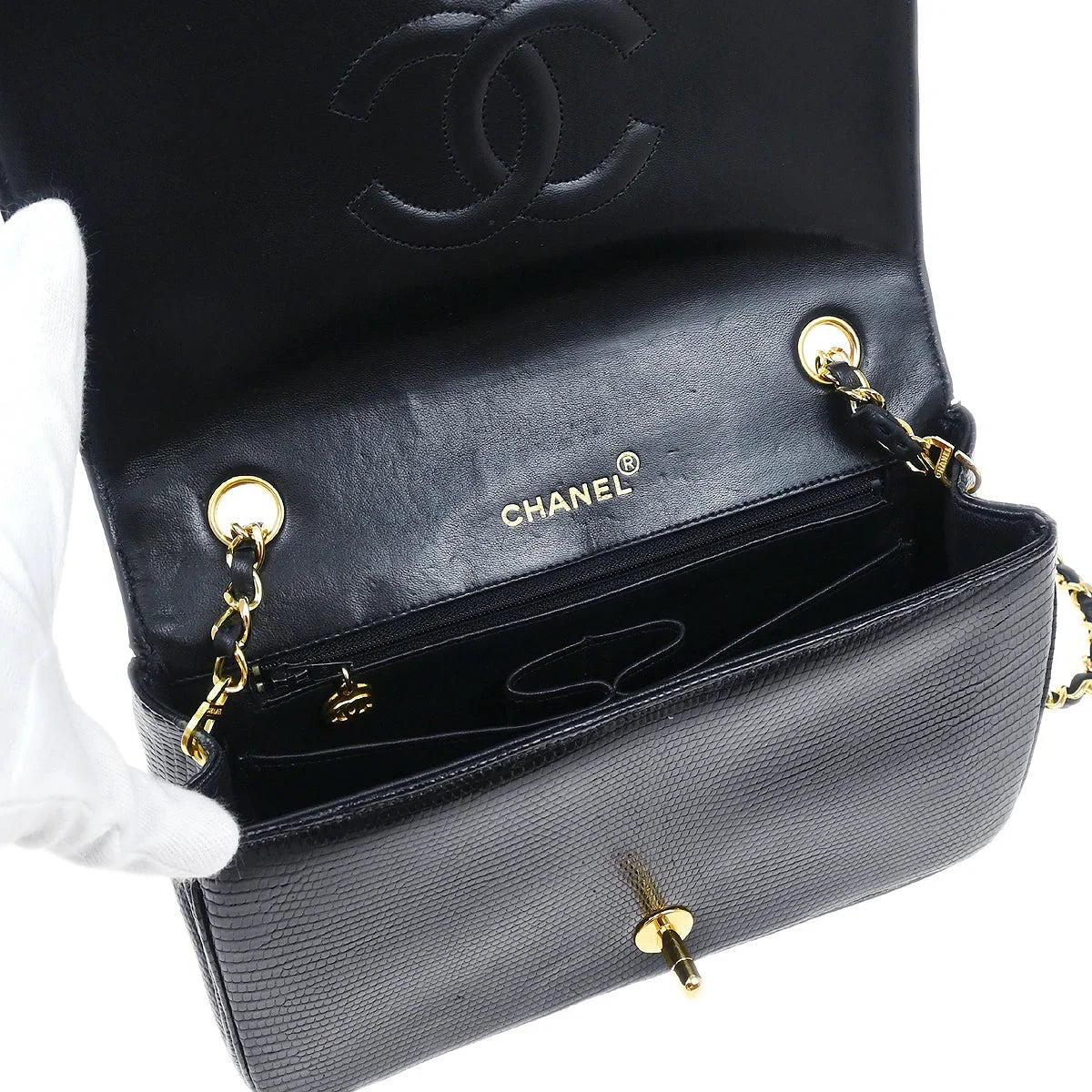 Chanel * Black Lizard Turnlock Small Full Flap Shoulder Bag