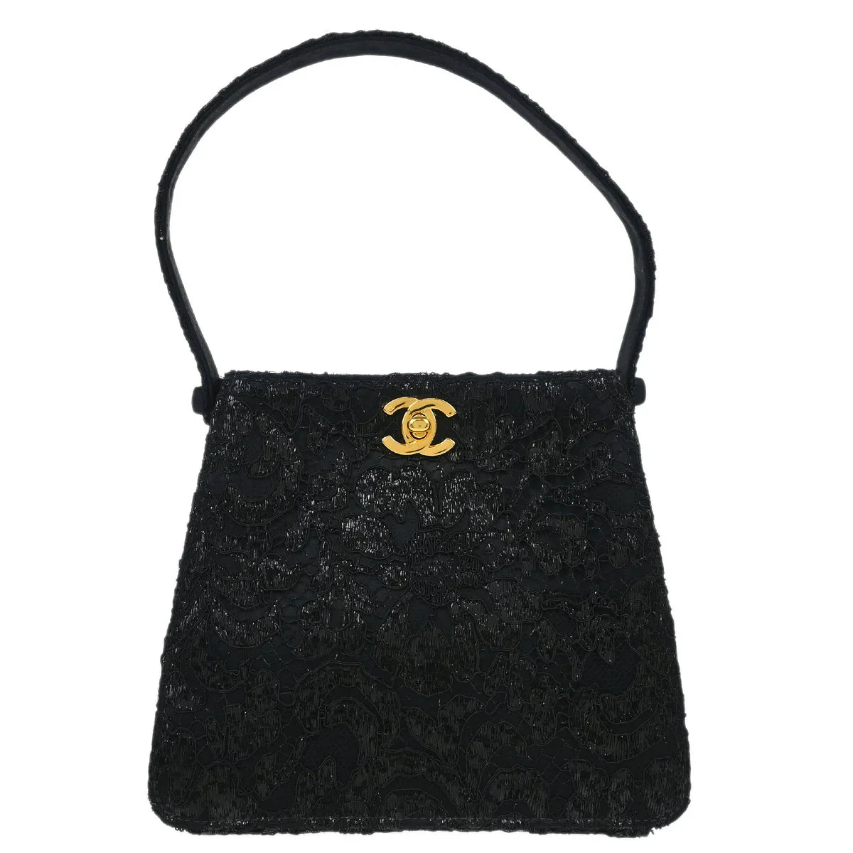 Chanel 1997-1999 Black Satin Lace Double Sided Turnlock Handbag
