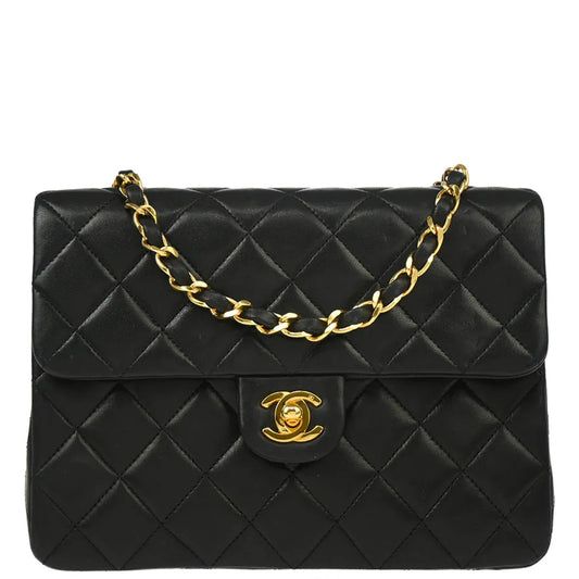 Chanel 1989-1991 Black Lambskin Classic Square Flap Shoulder Bag 20