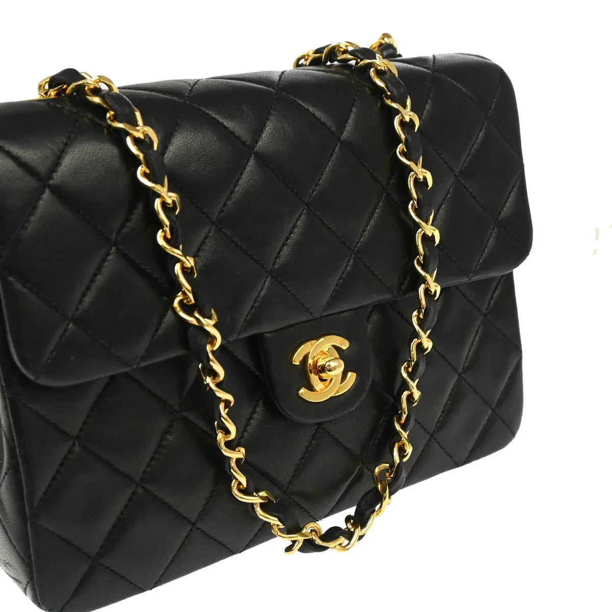 Chanel 1989-1991 Black Lambskin Classic Square Flap Shoulder Bag 20