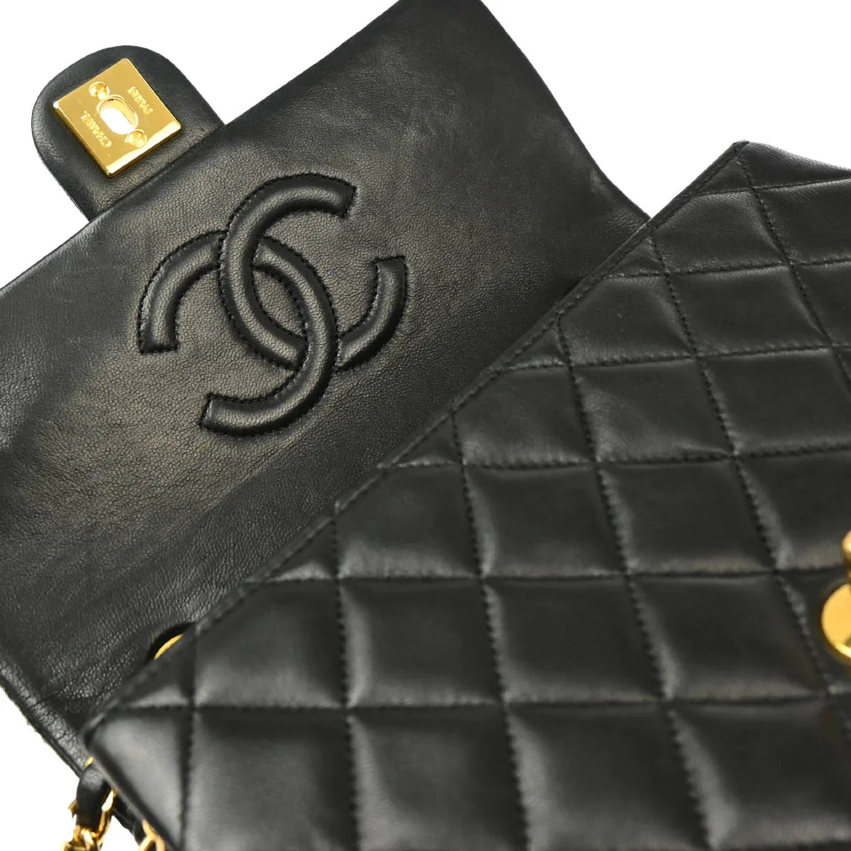 Chanel 1989-1991 Black Lambskin Classic Square Flap Shoulder Bag 20